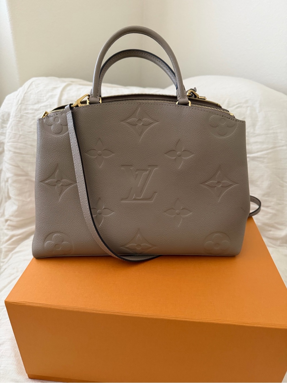 Louis Vuitton Taupe Embossed Monogram Satchel with Gold Hardware